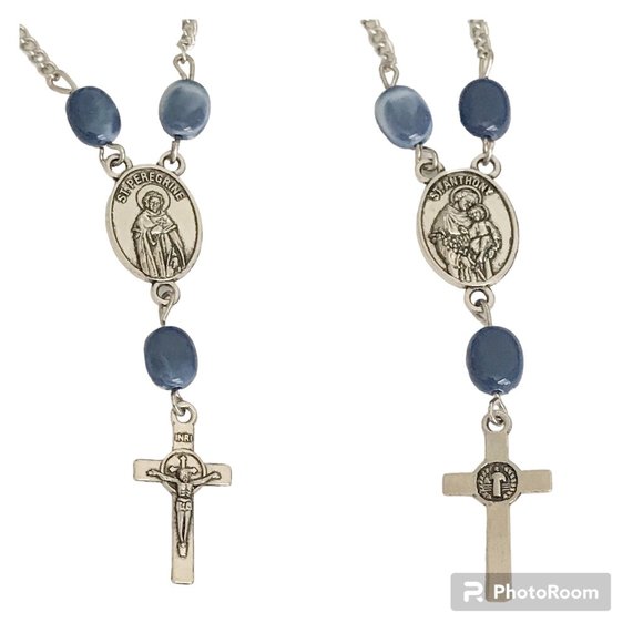 Vintage St Saint Anthony Peregrine Cross Necklace Medal Catholic 21" Blue Beads - Picture 2 of 11